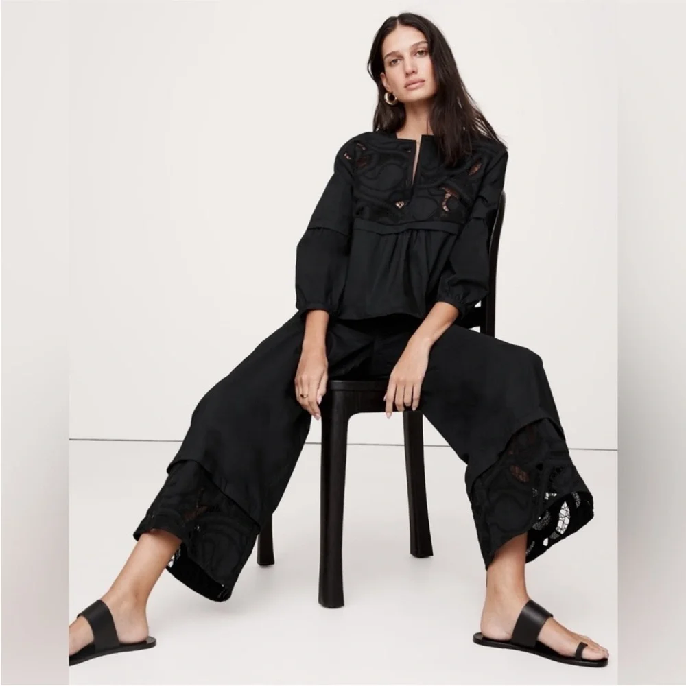 NWT! BR High-Rise Wide-Leg Embroidered Cotton Poplin Cropped Pant - Multiple🧡💫